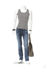 Full mannequin dressed in male clothes in jeans with bag