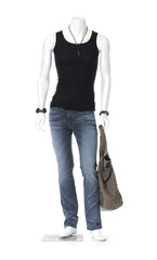 Full length male mannequin in blue jeans with handbag