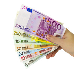 Hand hält Euroscheine als Geldfächer