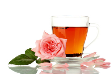 cup of tea with rose isolated on white