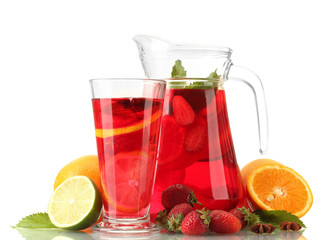 sangria in jar and glass with fruits, isolated on white