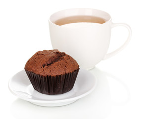 Fresh muffin with tea isolated on white