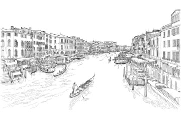Naklejka premium Venice - Grand Canal. The view from the Rialto Bridge. Vector dr