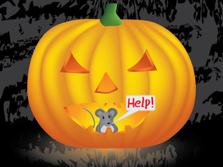 mouse inside pumpkin crying for help vector illustration