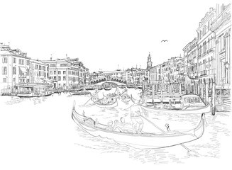 Venice - Grand Canal. View of the Rialto Bridge. Vector drawing