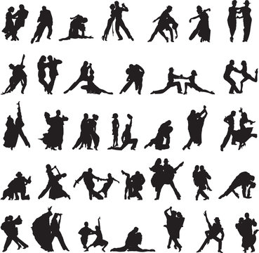 set of silhouettes of couples dancing tango