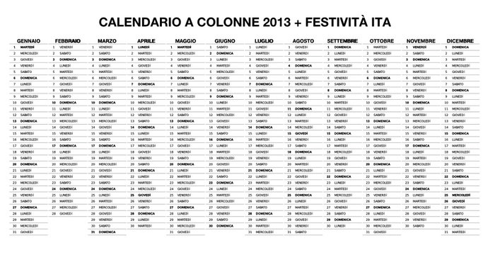 Calendario colonne 2013 + Festività ITA