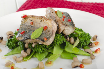 Grilled mackerel fillet with green vegetables & black eyed peas