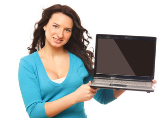 Portrait of a young woman with a laptop, isolated on white