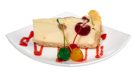 Closeup of a slice of cherry cheesecake on a white background