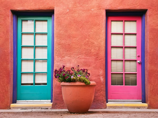 Fototapeta na wymiar Kolorowe drzwi i doniczka przeciwko terakota ściany