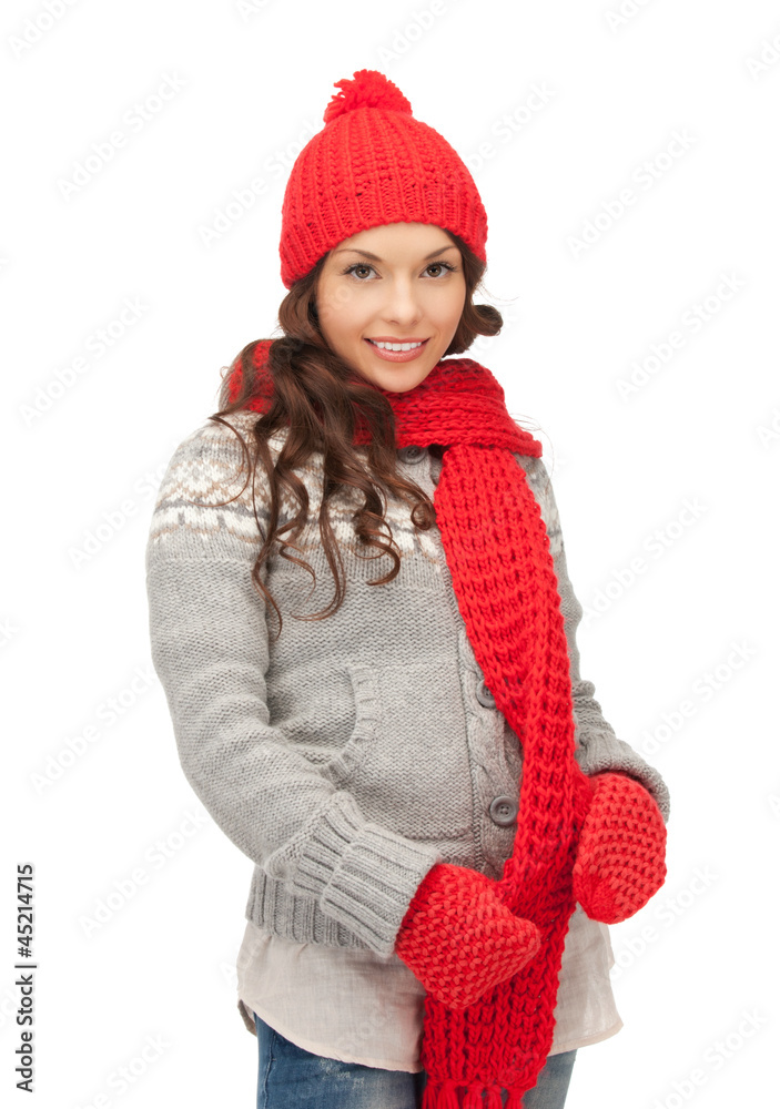 Sticker beautiful woman in hat, muffler and mittens