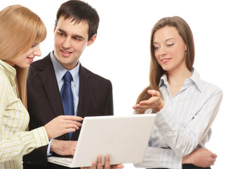 Business people with a laptop, isolated on white