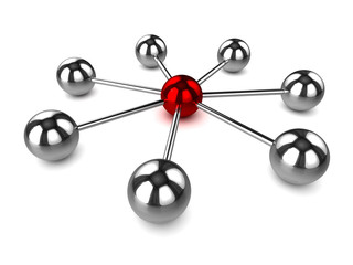 3d Network of Chrome spheres red centre
