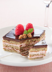 Portion of chocolate and strawberry cake