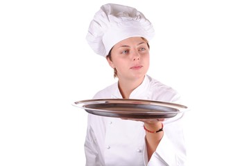 young female executive chef with a  serving tray