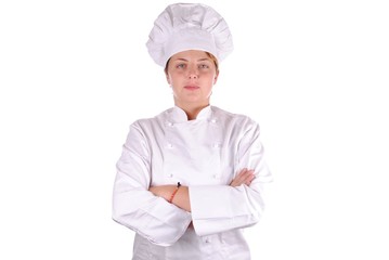 serious young female executive chef, isolated on white