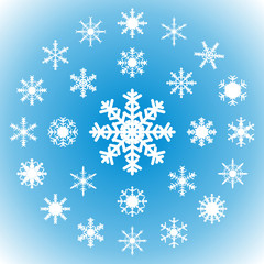 Snowflakes on a blue background - set of 25 pieces.