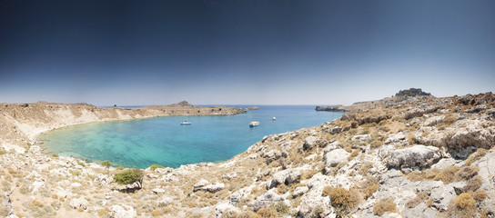 Fototapeta premium Picturesque view of Lindos St. Paul bay and beach