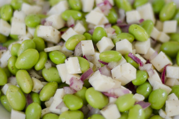 Close up of a healthy dish with soy beans and tofu