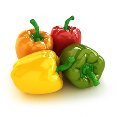 Peppers, arrangement of four different colorful Bell peppers