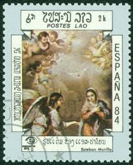 stamp printed in the Laos, shows a painting