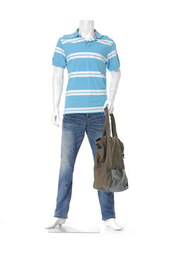 Full length male mannequin dressed in striped with bag