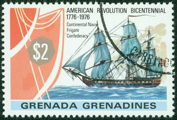 stamp printed in Grenada shows image of the frigate Confederacy