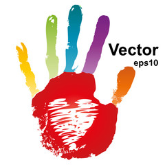 Vector conceptual colorful human red hand print with a heart