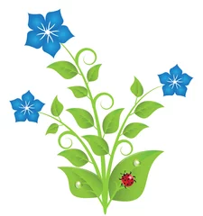 Papier Peint photo Coccinelles fleurs bleues avec des feuilles et des tourbillons