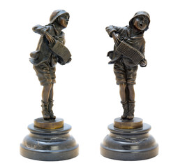 Antique bronze figurine depicting boy singing and plaing music.