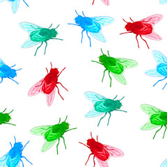 Seamless background with flies unreal colors.