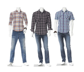 three male mannequin dressed in jeans with striped shirt