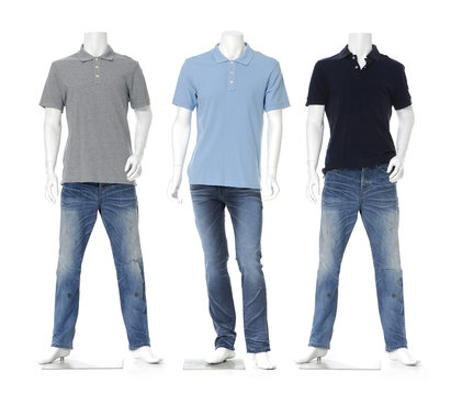 Three Full Length Male Mannequin Dressed In Shirt