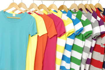 Row of colored Tee Shirts display
