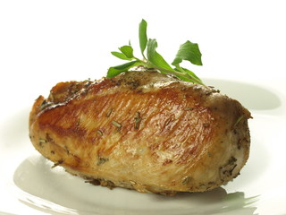 Roasted chicken, closeup, isolated