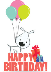 Naklejka premium Cute cartoon dog with balloons. A birthday greeting.