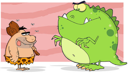 Obraz premium Caveman And Angry Dinosaur