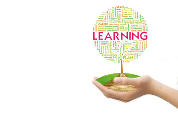 Tree word tag cloud business concept on ground grass background