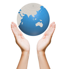 World in hands, global business on background white