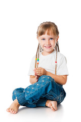 Smiling girl sit, isolated on white