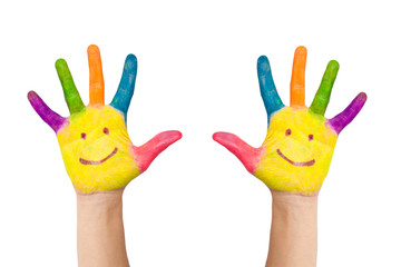 two hands with smile painted different colors of child as logo