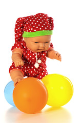 Fototapeta na wymiar Baby doll red dress and color ballons isolated white bacground