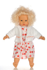Belonde baby doll standing isolated white bacground
