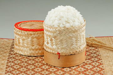 Thai sticky rice in bamboo wooden old fashioned style box