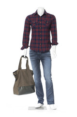 Full length mannequin dressed in cotton plaid shirt