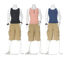 Three male mannequin dressed in t- shirt with short pants