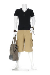 male mannequin dressed in blue t- shirt with short pants