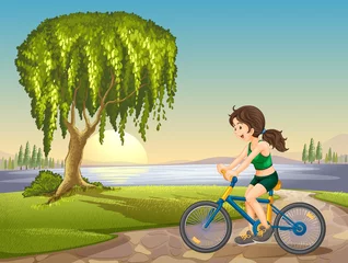 Deurstickers een meisje en fiets © GraphicsRF