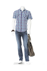 Full length mannequin dressed in cotton plaid shirt